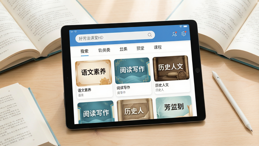 一张展示好芳法课堂HD软件界面的产品预览图,画面中央放置一台横屏平板电脑,屏幕内显示好芳法课堂HD的课程列表页面,页面顶部有搜索栏和分类标签,中部排列着多张课程封面卡片,卡片上有
