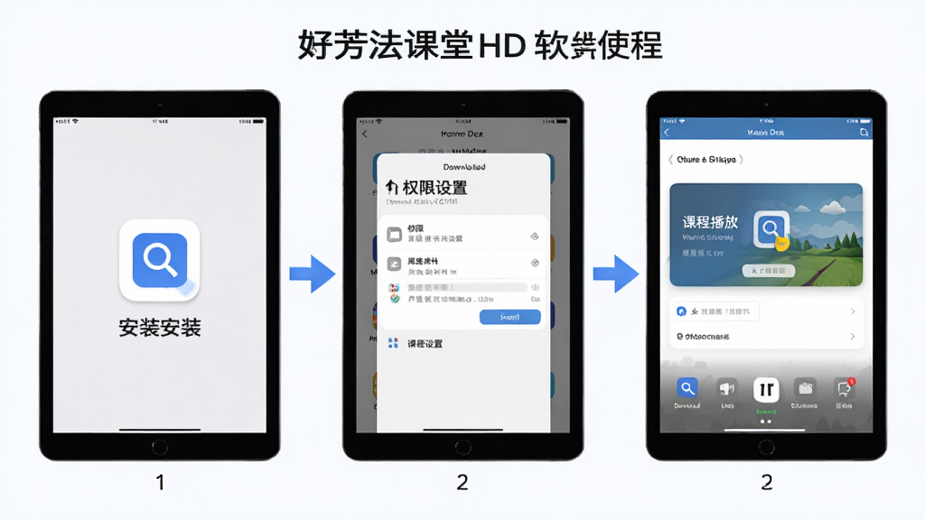 好芳法课堂HD软件的使用教程示意图,画面中一台平板电脑分步骤展示安装和使用流程,第一步显示下载安装包,第二步显示权限设置界面,第三步显示课程播放页面,各步骤之间用箭头连接,整体排版清晰明了,风格简洁大方,画质高清,干净无多余元素