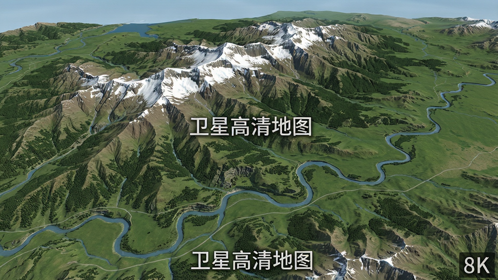 三维地形渲染画面,主体为起伏的山脉与绿色平原,布局为全屏地图视角,排版无遮挡,风格为写实地理风,细节包含雪顶山峰、蜿蜒河流与植被纹理,画面中标注文字“卫星高清地图”,画质8K,干净,无多余元素