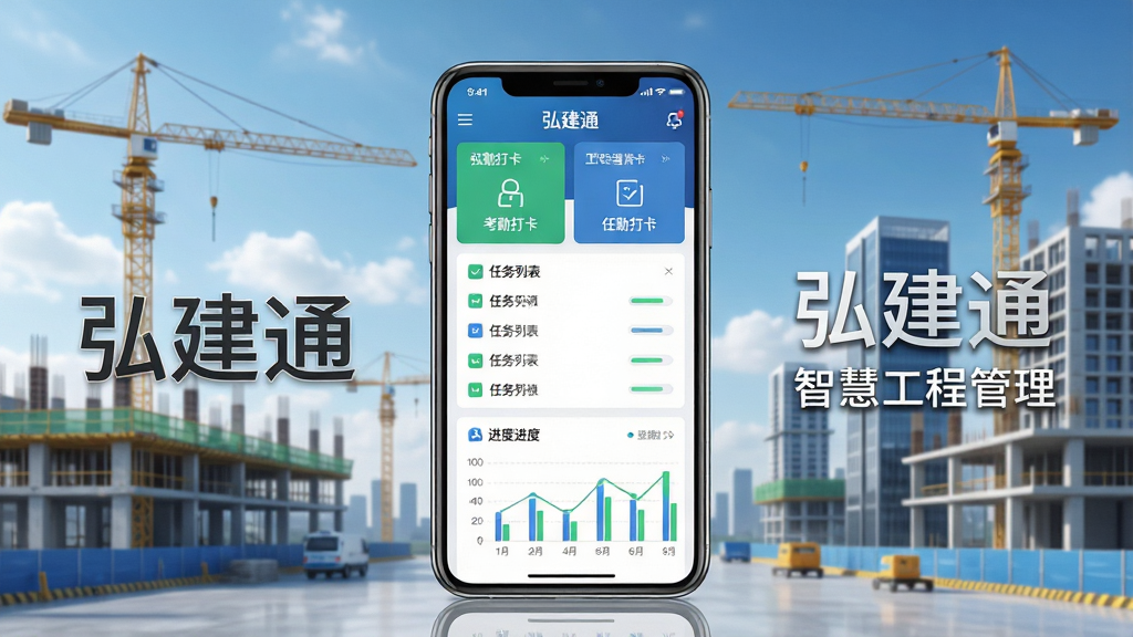 一张展示弘建通软件核心界面的全景图,画面中央是智能手机屏幕,屏幕内显示弘建通App的工程管理仪表盘,包含考勤打卡、任务列表、进度图表等模块,背景是整洁的现代化建筑工地,蓝天白云,塔吊与楼宇轮廓清晰可见,布局采用居中对称构图,风格为写实科技风,细节上突出手机屏幕的光泽与UI图标的精致感,画质高清、干净、无多余元素,图片中标注文字“弘建通”与“智慧工程管理”。