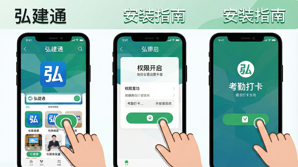 一张展示弘建通手机端安装与权限设置步骤的示意图,画面为三台手机并排展示,从左到右依次为应用商店搜索“弘建通”、权限开启界面、考勤打卡成功界面,布局采用横向平铺构图,风格为扁平化插画风,细节上突出手指点击动作与绿色开启按钮,画质清晰、干净、无多余元素,图片中文字“弘建通”与“安装指南”。