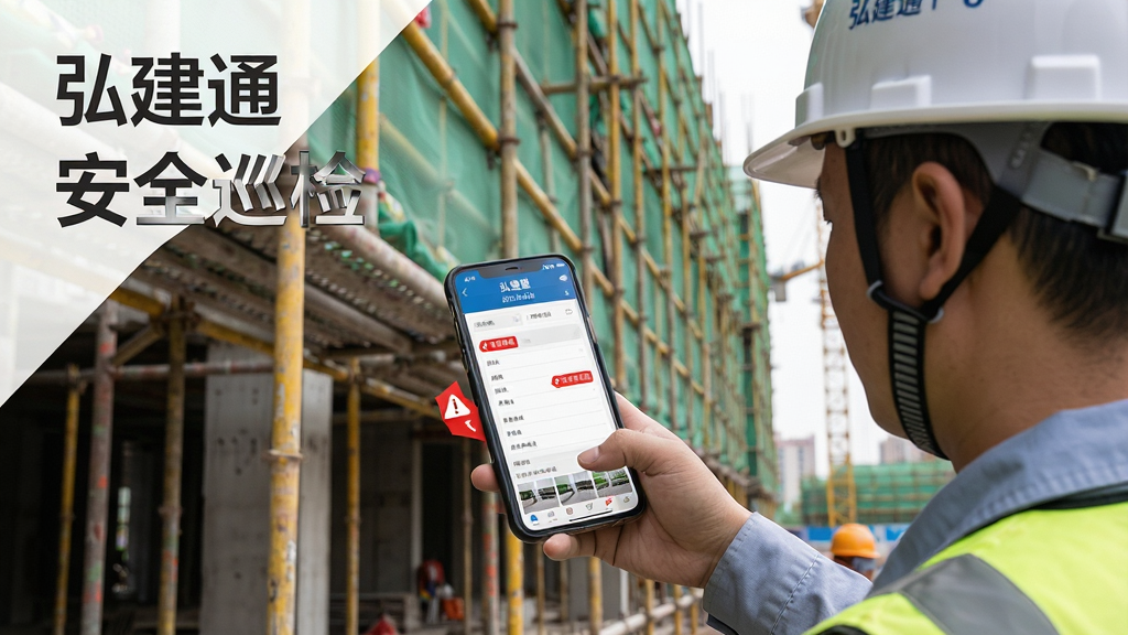一张展示弘建通质量安全巡检功能的场景图,画面中一位戴着安全帽的巡检人员正用手机拍摄工地脚手架,手机屏幕显示“弘建通”巡检表单与隐患标注界面,背景是正在施工的楼宇与安全网,布局采用对角线构图,风格为写实商务风,细节上突出手机屏幕的红色警示标签与照片缩略图,画质高清、干净、无多余元素,图片中文字“弘建通”与“安全巡检”。