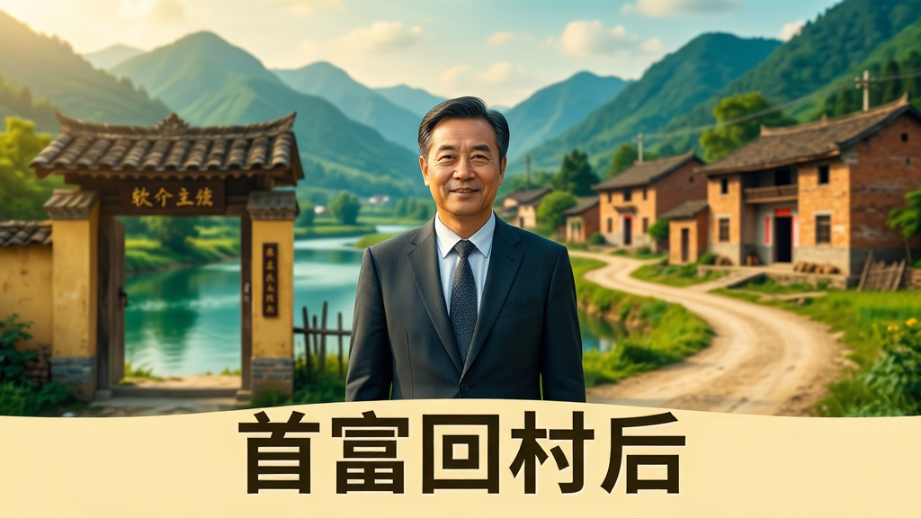 首富回村后 软件主界面预览图,画面中央是一位身穿西装的中年男子站在村口,背景是青山绿水的乡村景色,远处有几栋老式砖瓦房和一条蜿蜒的土路,画面下方有