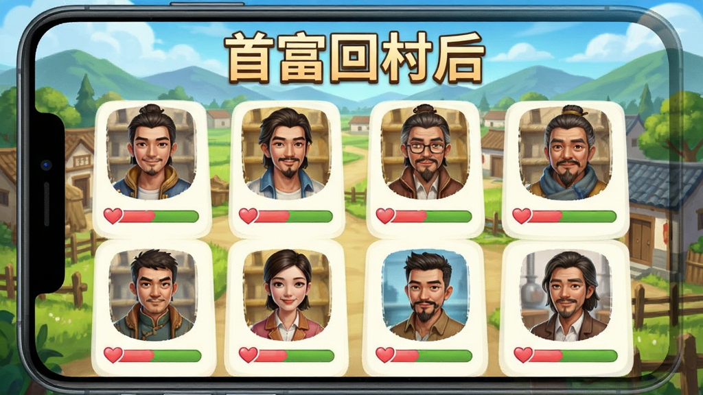 首富回村后 角色好感度界面图,画面展示手机屏幕中排列着多位乡村角色头像,每个头像下方有爱心进度条,背景是村庄全景,画面中带有
