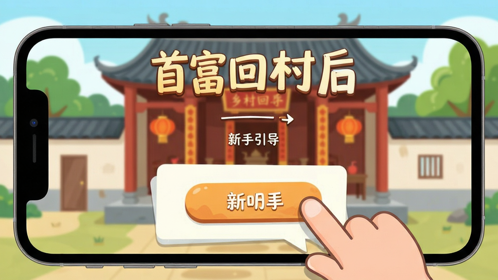 首富回村后 新手操作引导界面图,画面展示手机屏幕中一位卡通手指指向对话选项按钮,背景是乡村祠堂场景,画面中带有