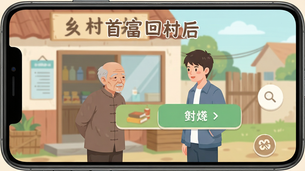 首富回村后 剧情选择界面截图风格图,画面展示手机屏幕中弹出两个对话选项按钮,背景是乡村小卖部门口,一位老人和一位年轻人正在交谈,画面中带有
