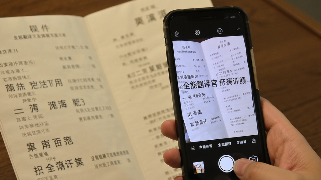 一张展示全能翻译官拍照翻译功能的图片,画面中手机摄像头对准一份外文菜单,屏幕上显示翻译后的中文内容,主体突出,布局合理,风格写实,细节清晰,画质干净,无多余元素