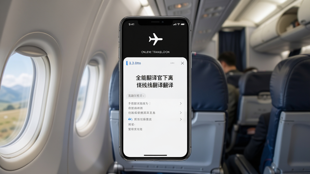 一张展示全能翻译官离线翻译功能的图片,画面中手机屏幕显示离线翻译界面,顶部有飞机模式图标,背景为机舱或户外场景,风格简约,布局居中,细节清晰,画质干净,无多余元素