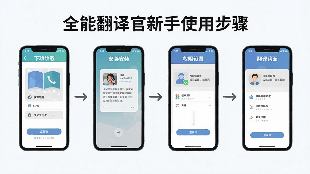 一张展示全能翻译官新手使用步骤的图片,画面中手机屏幕依次显示下载、安装、权限设置、翻译界面的四个步骤,布局为横向流程图,风格扁平化,细节清晰,画质干净,无多余元素