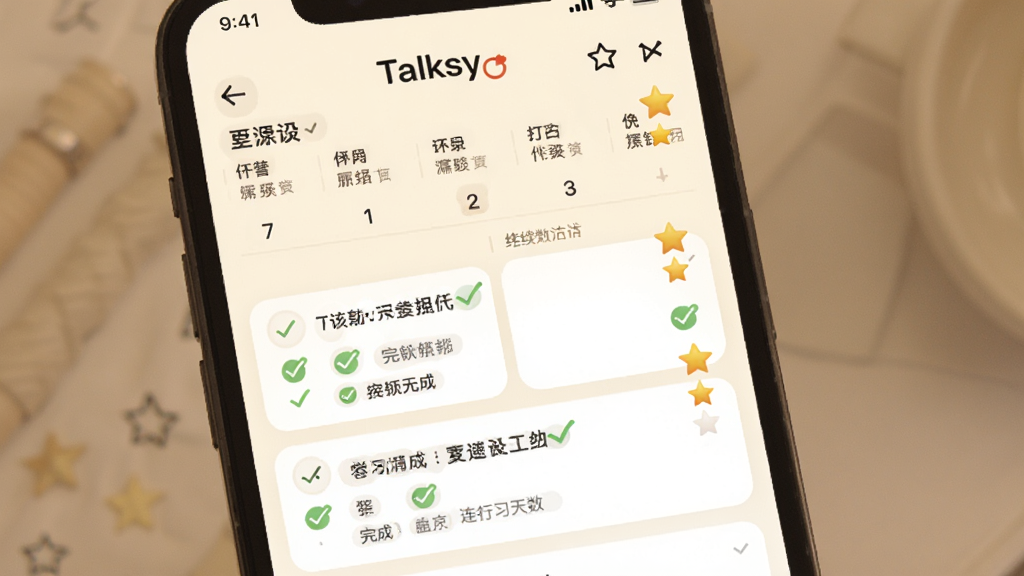 一张展示 Talksy 学习计划日历界面的图,手机屏幕内显示一周的打卡记录和每日任务卡片,有完成打勾标记和连续天数统计,背景是温暖的米白色,风格温馨激励,细节有星星奖励图标,画质清晰,干净,无多余元素