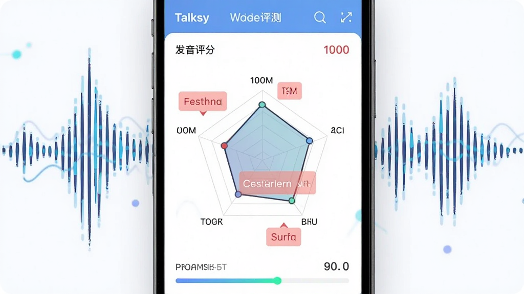 一张展示 Talksy 语音评测功能的界面截图风格图,画面中手机屏幕显示发音评分雷达图和红色标注的错误单词,周围有抽象的声波纹理,风格科技感与学习氛围结合,细节有分数数字和进度条,画质清晰,干净,无多余元素
