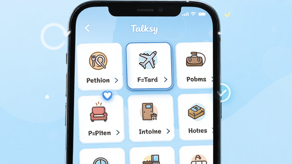 一张展示 Talksy 场景对话列表的界面图,手机屏幕内排列着多个场景卡片,卡片上有餐厅、飞机、酒店等小图标和英文标签,背景是柔和的浅蓝色渐变,风格活泼明快,细节有选中高亮效果,画质清晰,干净,无多余元素