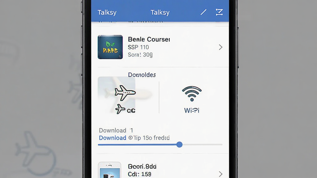 一张展示 Talksy 离线下载管理界面的图,手机屏幕内显示已下载课程列表和下载进度条,有飞机模式和 Wi-Fi 图标对比,背景是简约的灰色调,风格实用工具感,细节有存储空间提示,画质清晰,干净,无多余元素