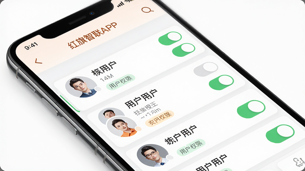 ��������APP���û���Ȩ�������棬����Ϊ�ֻ���Ļ��ʾ�û��б���Ȩ�޿��أ�����Ϊ����ɫ�����Ϊ�ִ�UI��ƣ�ϸ�ڰ���ͷ�񡢿��ذ�ť��Ȩ�ޱ�ǩ�������������ɾ����޶���Ԫ��