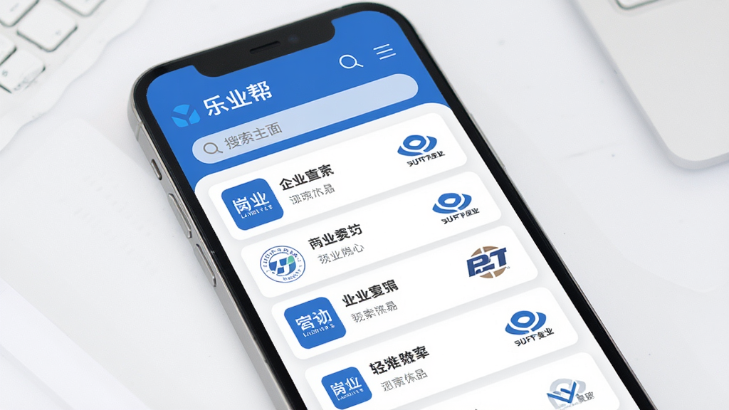乐业帮 主界面展示 手机屏幕中显示岗位列表与搜索栏 布局简洁 蓝色与白色为主色调 风格商务清新 细节包含职位卡片和企业logo 画质清晰 干净 无多余元素
