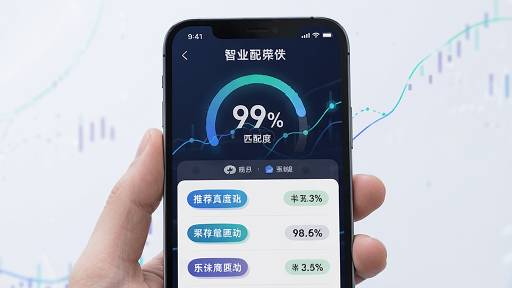 乐业帮 智能匹配功能展示 手机屏幕中央显示匹配度百分比和推荐岗位列表 布局上下结构 风格科技感 细节有动态数据线条和职位标签 画质清晰 干净 无多余元素