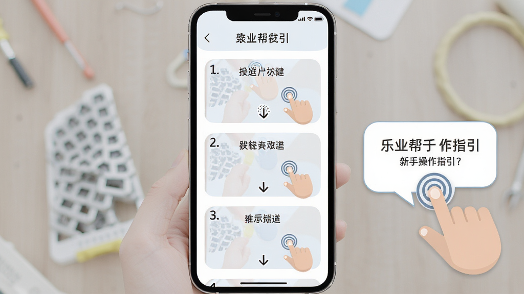 乐业帮 新手操作指引 手机屏幕显示分步教程和提示气泡 布局居中 风格扁平化 细节有手指点击图标和箭头引导 画质清晰 干净 无多余元素