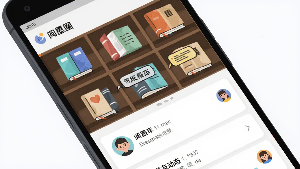 主体为一部安卓手机屏幕显示“阅墨圈”应用主界面,布局采用上下结构,上方为书架网格,下方为书友动态卡片,排版简洁清晰,风格为现代扁平化插画,细节包含书本图标、批注气泡和用户头像,画质高清干净无多余元素