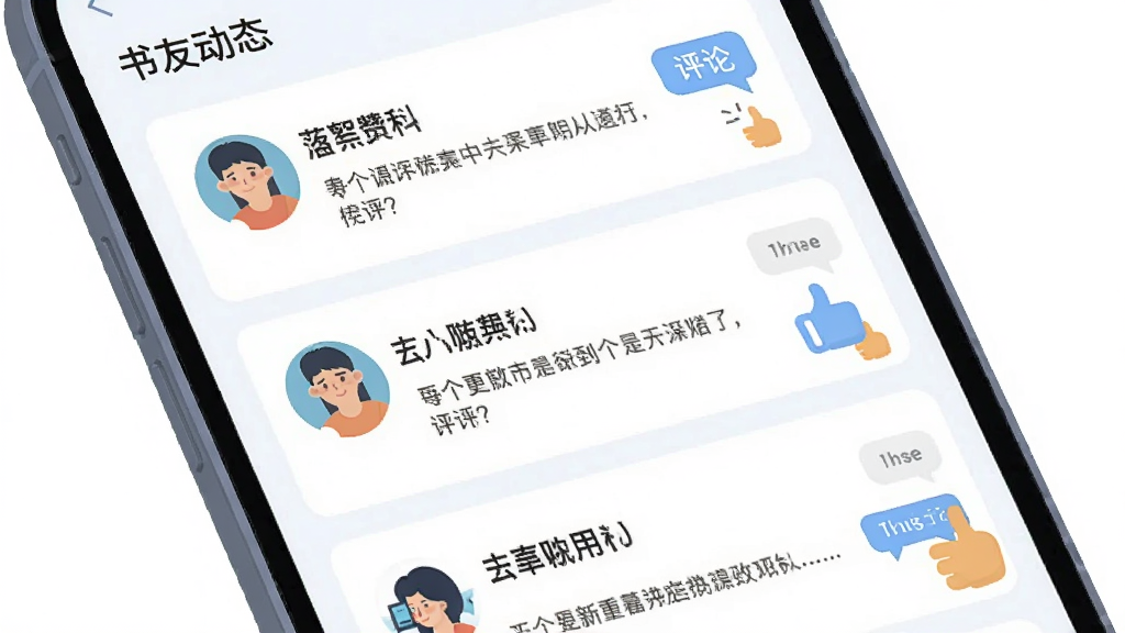 主体为手机屏幕显示书友动态列表,布局为垂直卡片流,排版每条动态包含头像、书名和短评,风格为清新扁平UI插画,细节包含点赞手势和评论气泡,画质高清干净无多余元素