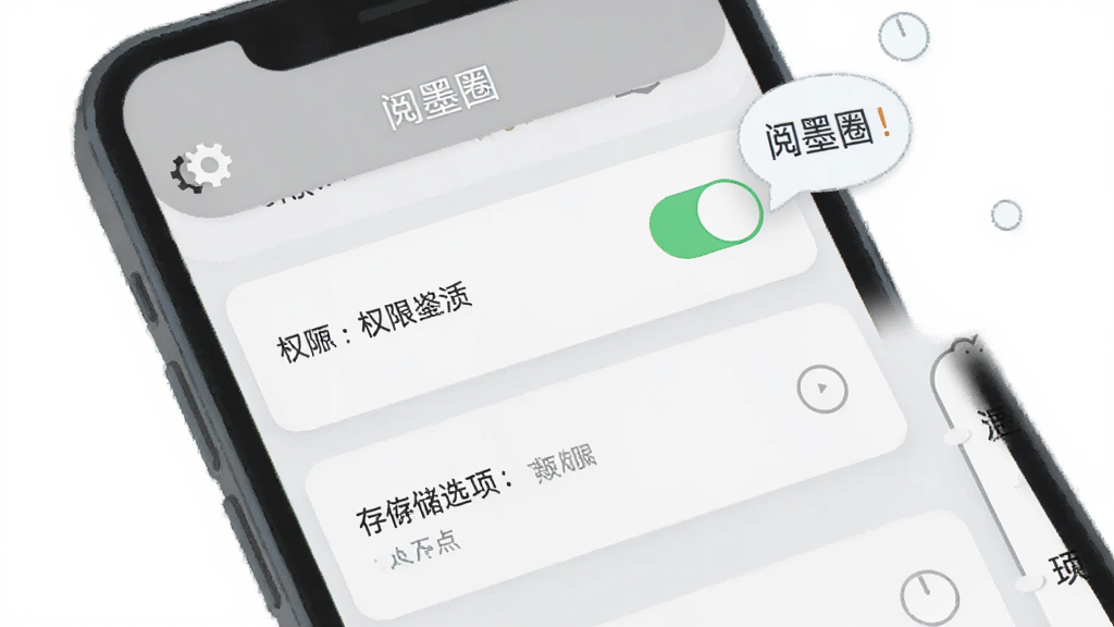 主体为手机屏幕显示阅墨圈设置页面,布局为垂直列表,排版包含权限开关和存储选项,风格为简洁扁平UI插画,细节包含齿轮图标和提示气泡,画质高清干净无多余元素