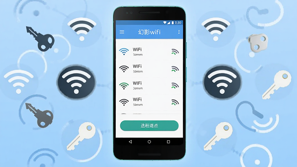 画面中央放置一部安卓手机,手机屏幕显示“幻影wifi”应用界面,界面中包含WiFi信号列表和连接按钮,手机周围环绕多个WiFi信号图标和钥匙图标,背景为浅蓝色渐变,布局采用居中构图,风格为扁平化科技风,细节上手机边缘带有微光效果,图标清晰,画质高清,干净,无多余元素