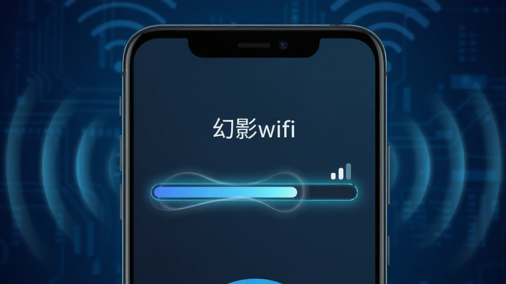 一部安卓手机屏幕特写,显示“幻影wifi”的连接状态界面,界面中有进度条和信号强度指示器,手机周围有抽象的无线信号波纹,背景为深蓝色科技感渐变,布局为居中特写,风格为数字科技风,细节上进度条带有发光效果,画质高清,干净,无多余元素