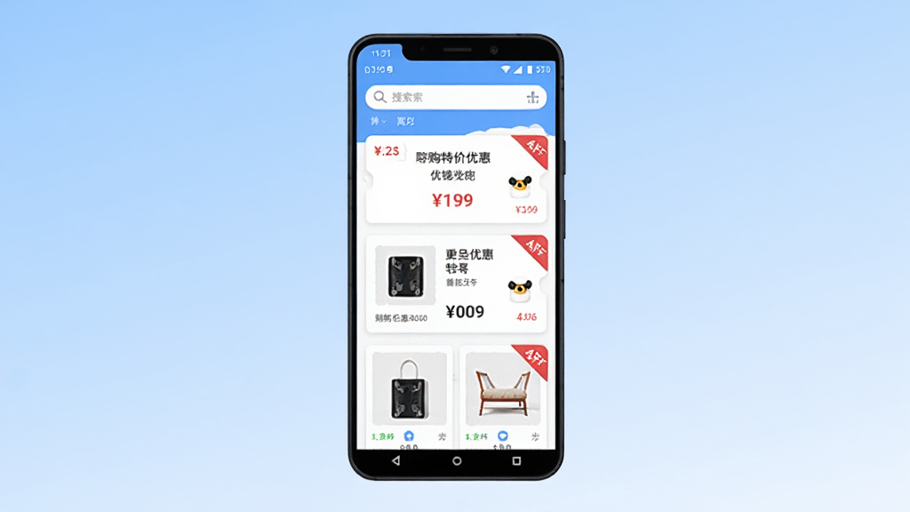 拼购特价省钱软件主界面展示,画面中央放置一部安卓手机,手机屏幕显示购物优惠券列表与商品缩略图,背景为浅蓝色渐变,布局采用居中构图,风格简洁现代,细节包含价格标签、折扣角标与搜索框,画质清晰干净,无多余元素