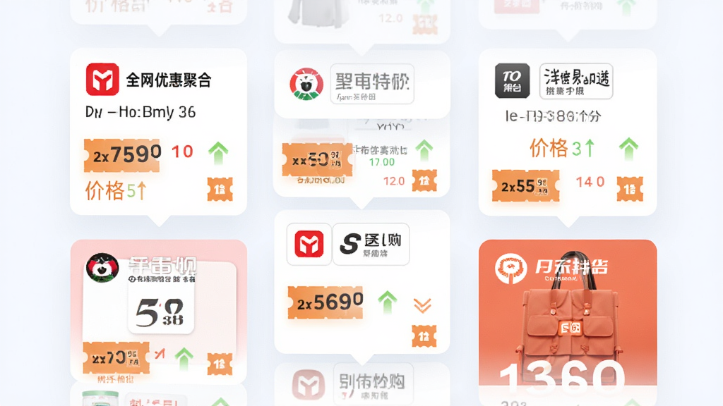 拼购特价省钱全网优惠聚合功能界面,画面主体为悬浮排列的多个商品卡片,卡片上标注不同平台标识与折扣数字,布局采用瀑布流式排布,风格扁平化设计,细节包含优惠券图标与价格对比箭头,画质明亮通透,干净无杂乱