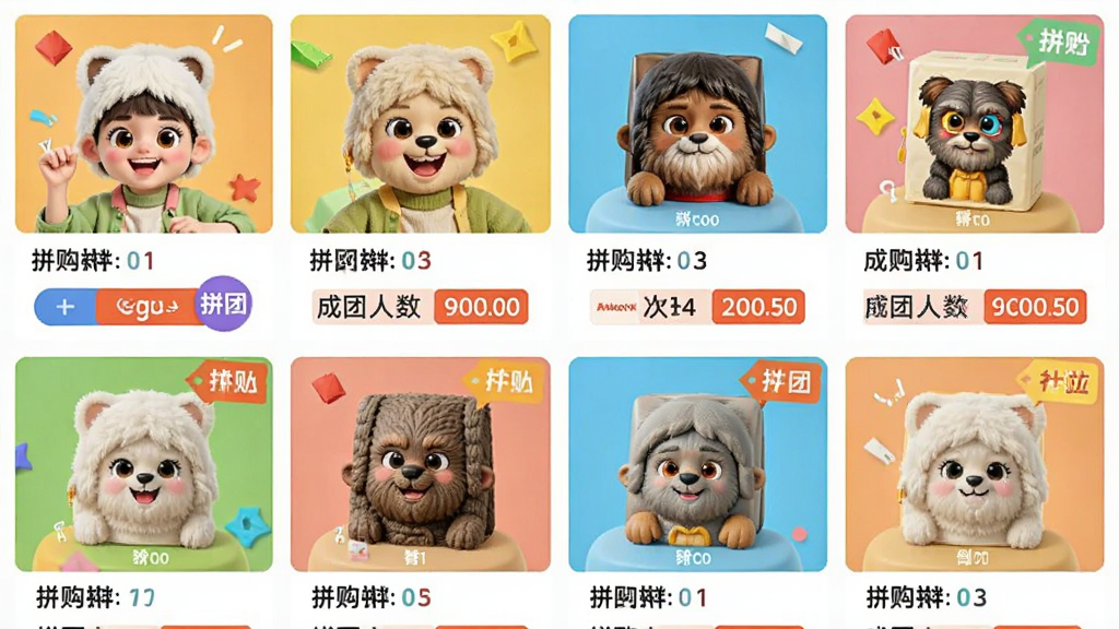 拼购特价省钱拼团专区界面,画面展示多个拼团商品横向排列,每个商品下方显示成团人数与倒计时,布局采用网格状分布,风格活泼明快,细节包含拼团按钮与价格标签,画质干净清晰,无多余装饰
