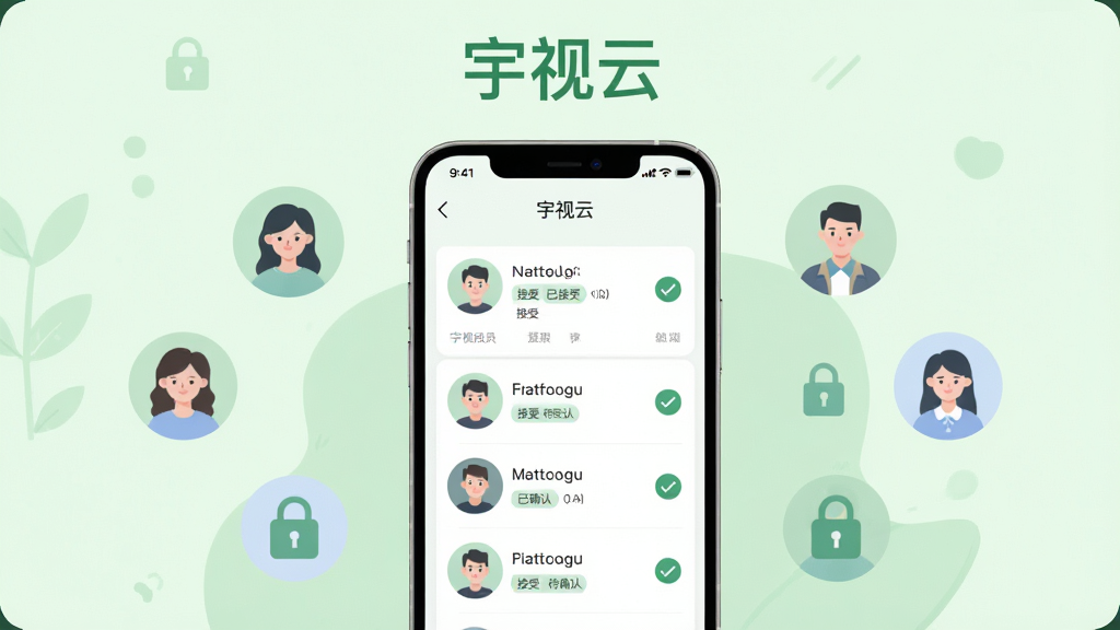 ��������һ�������ֻ�����չʾ������APP�豸�������棬��Ļ����ʾ������Աͷ���б���Ȩ�޹�ѡ�ͷ���Ա����ѽ��ܺʹ�ȷ��״̬��ǩ������Ϊ����ɫ���·���ֻ���ΧƯ��������ͷ��ͼ�������ͼ�꣬���岼�־��жԳƣ����Ϊ��ͱ�ƽ�廭�����ʸ���ɾ����޶���Ԫ�أ�ͼƬ��������д�С������ơ���ɫ����