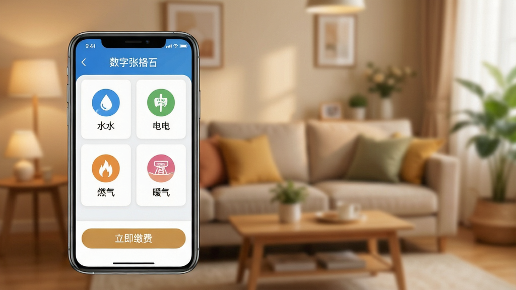 ������ҴAPP����ɷѹ��ܽ��棬����չʾ�ֻ���Ļ�ϵĽɷ���Ŀ���࣬����ˮ���硢ȼ����ů����ͼ�꣬�����С������ɷѡ���ť����������ܰ�ļ�ͥ��������ģ���黯������ͻ�������������������ܰʵ�ã�ϸ�ڷḻ�����ʸ��壬�ɾ�������Ԫ��