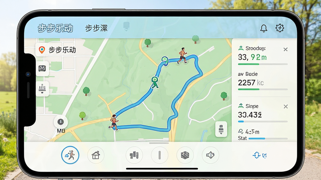 步步乐动 运动轨迹 地图 界面 显示 跑步路线 配速 数据 户外 场景 明亮 色调 高清 画质 干净 无多余元素