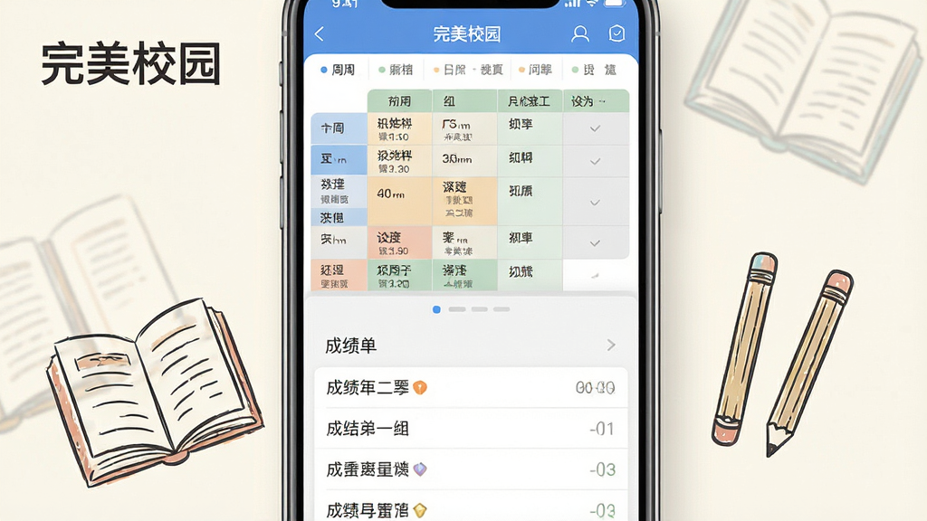 一张完美校园APP课表与成绩查询界面的组合图,手机屏幕上半部分显示周课表网格,下半部分显示成绩单列表,画面旁边有书本和铅笔的简笔插画,背景为淡雅的米白色,风格为清新学院风,图片中带有“完美校园”文字标识,画质清晰,布局整洁