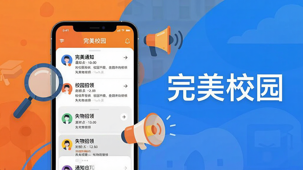 一张完美校园APP校园资讯与失物招领界面的展示图,手机屏幕显示通知列表和失物招领卡片,画面中有放大镜和喇叭图标,背景为活泼的橙色和蓝色搭配,风格为现代扁平插画,图片中带有“完美校园”文字,画质清晰,干净利落