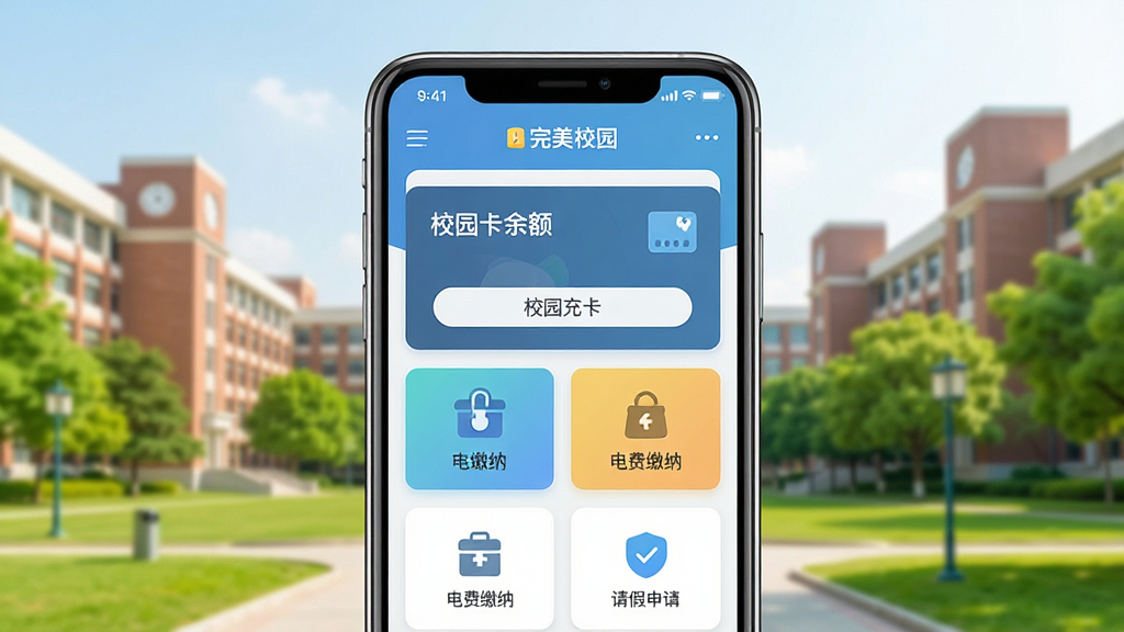 一张展示完美校园APP核心界面的手机样机图,画面中央是一部现代智能手机,屏幕上清晰显示完美校园APP首页,包含校园卡余额、充值按钮、电费缴纳、请假申请等图标模块,背景为明亮的大学校园场景,有教学楼和绿树,整体风格清新简洁,采用扁平化UI设计风格,细节丰富,画质清晰,干净无多余元素