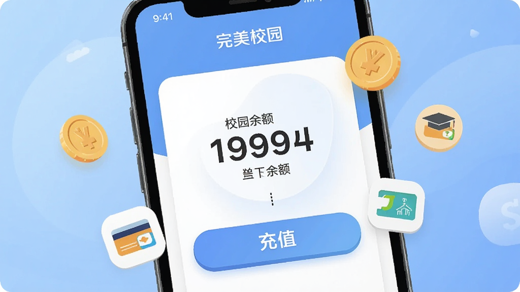 一张完美校园APP校园卡管理界面的特写图,手机屏幕显示校园卡余额数字和充值按钮,周围环绕着虚拟的硬币和支付图标,背景为柔和的蓝色渐变,风格为现代科技感扁平插画,画面中带有“完美校园”文字标识,画质清晰,干净整洁