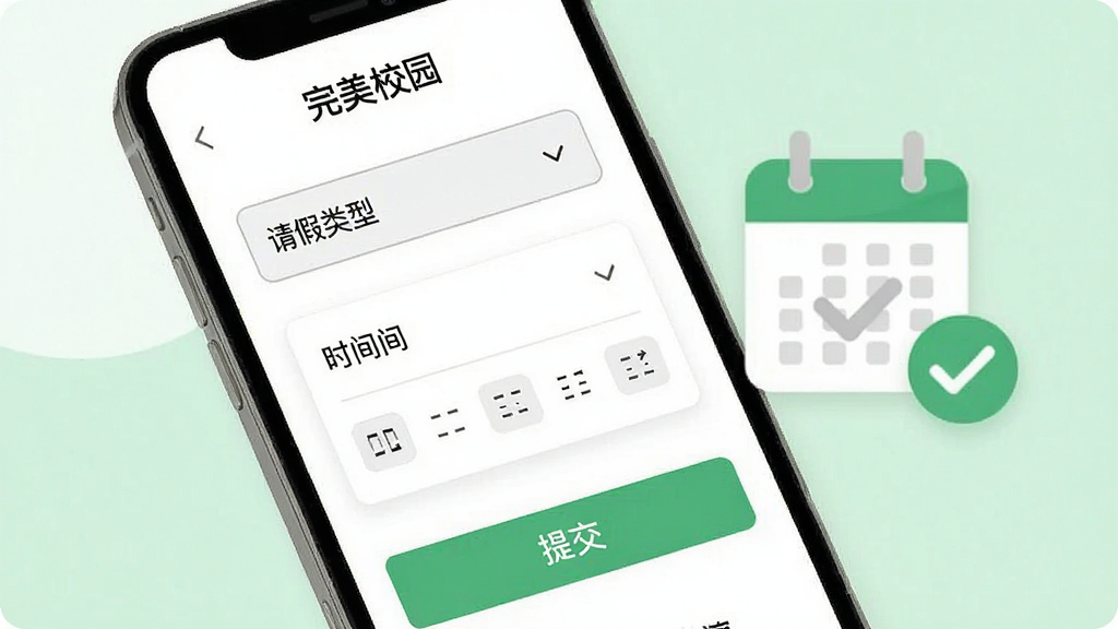 一张完美校园APP请假申请界面的示意图,手机屏幕显示请假类型下拉菜单、时间选择器和提交按钮,界面旁边有一个日历图标和勾选标记,背景为干净的白色和浅绿色调,风格为极简商务风,画面中包含“完美校园”文字,画质清晰,无多余装饰