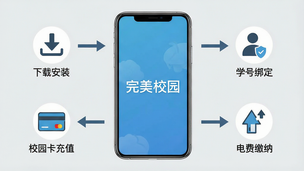 一张完美校园APP新手操作指引的流程图,画面以手机屏幕为中心,四周用箭头连接“下载安装”“学号绑定”“校园卡充值”“电费缴纳”四个步骤图标,背景为浅灰色,风格为简约信息图,图片中带有“完美校园”文字,画质清晰,布局规整