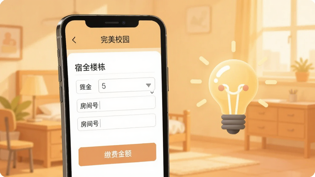 一张展示完美校园APP电费缴纳功能的界面图,手机屏幕上显示宿舍楼栋选择、房间号输入框和缴费金额按钮,画面旁边有一个发光的灯泡图标,背景为温馨的暖色调,风格为简洁扁平化设计,图片中带有“完美校园”字样,画质清晰,干净无杂物