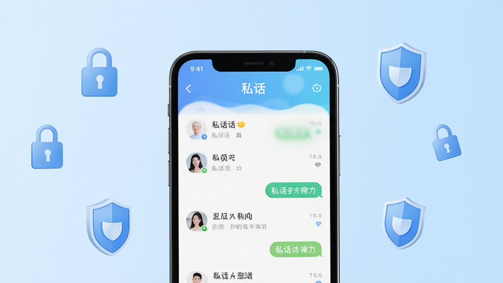 一张手机屏幕展示私话应用主界面的场景图,画面中央是一部现代智能手机,屏幕上显示“私话”聊天列表界面,背景为柔和的浅蓝色渐变,周围环绕着锁形图标与盾牌图标象征安全,整体风格简洁清新,画质清晰干净,无多余元素