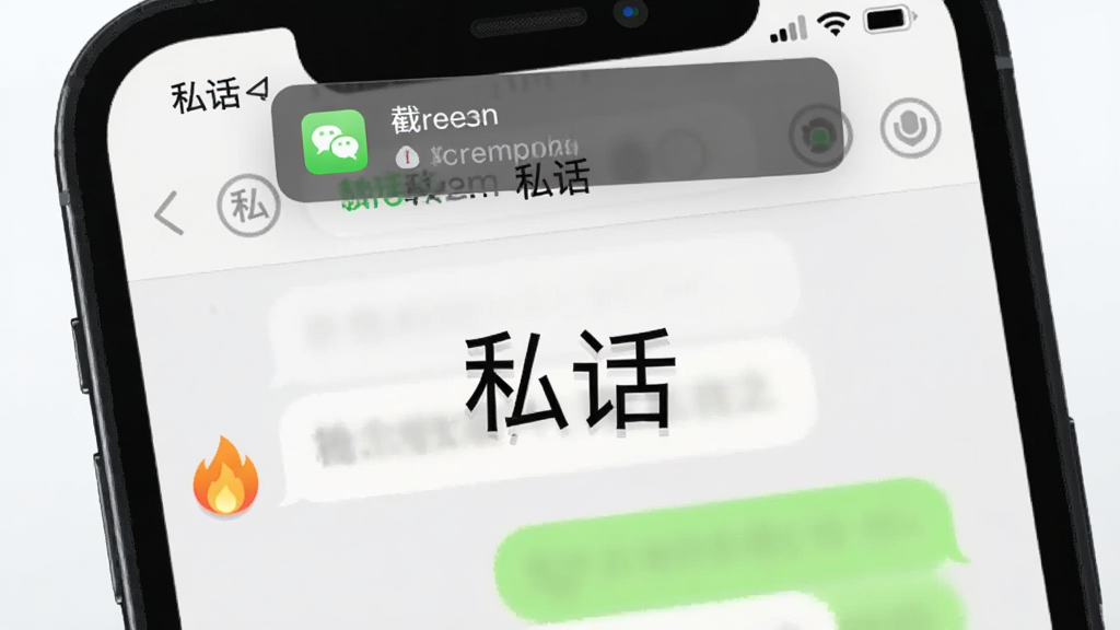 一部手机屏幕显示“私话”聊天界面,消息气泡旁有燃烧火焰图标,屏幕顶部弹出截屏提醒通知,背景为浅色简洁风格,画面中央有“私话”文字标识,细节清晰,画质干净无多余元素