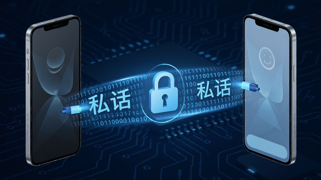 一部手机与另一部手机之间通过加密通道传输消息的示意图,画面中两部手机分别位于左右两侧,中间由一条带有锁形图标的光带连接,光带上流动着“私话”文字与二进制代码,背景为深蓝色科技感风格,细节精致,画质高清,干净无多余元素