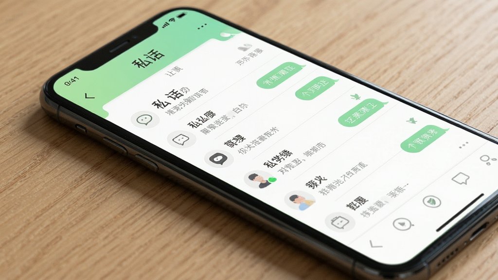一部手机屏幕展示“私话”应用界面,画面中手机屏幕干净整洁无广告横幅,界面中央显示聊天列表,背景为白色与浅绿色搭配,风格清新简约,画质高清,干净无多余元素