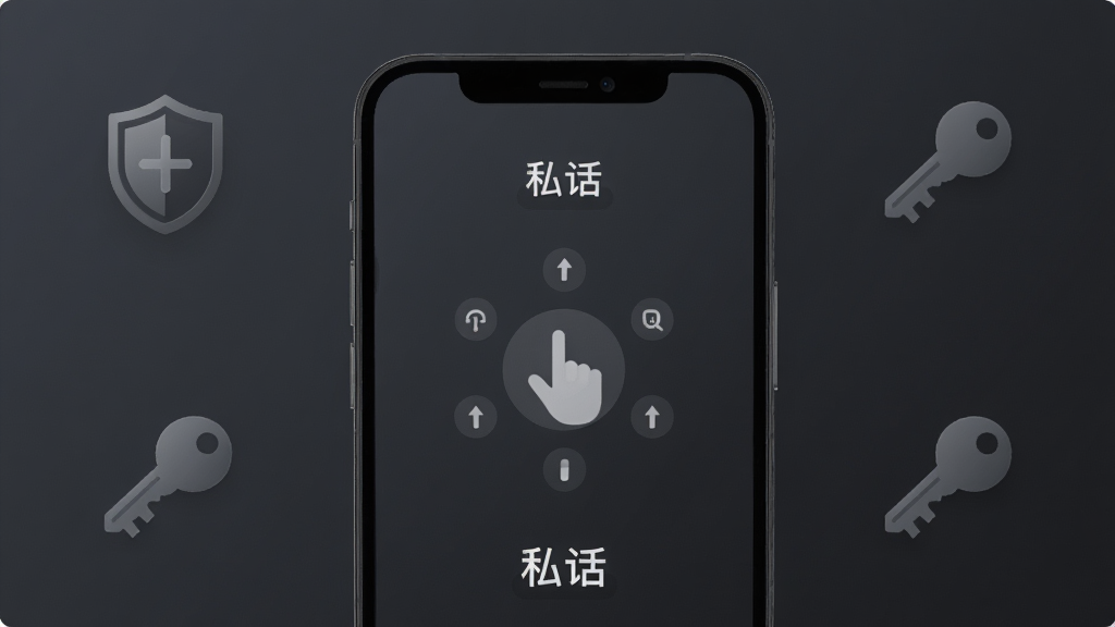 一部手机屏幕展示“私话”隐私空间解锁界面,画面中手机屏幕显示手势密码图案与“私话”标识,背景为深灰色调,周围有盾牌与钥匙图标点缀,风格沉稳安全,画质清晰,干净无多余元素