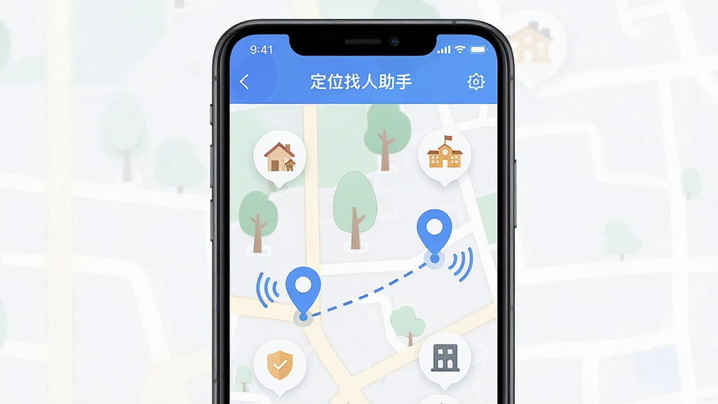 画面中央展示一部智能手机,屏幕上打开着“定位找人助手”应用界面,地图上显示两个蓝色定位点通过虚线连接,周围环绕家庭、学校、公司等小图标,布局简洁清晰,风格为扁平化科技感UI设计,细节包含信号波纹与安全盾牌元素,画质高清,干净无多余元素