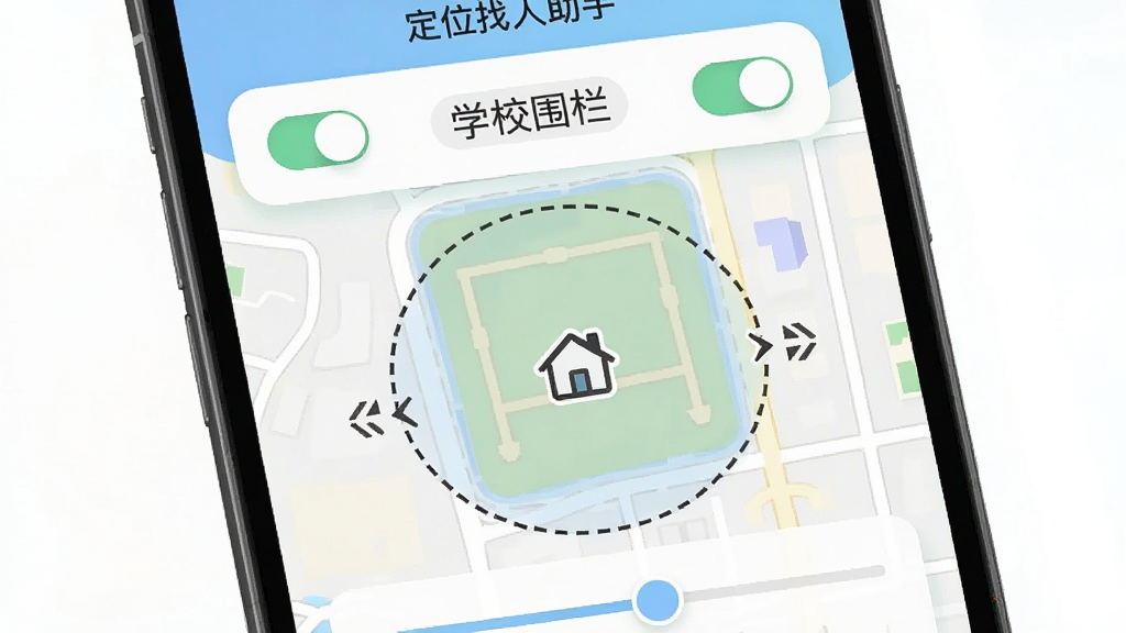 手机屏幕显示“定位找人助手”安全围栏设置界面,地图上一个圆形区域被虚线包围,区域中心有房子图标,区域边缘有进入和离开的箭头标识,顶部显示“学校围栏”标签,风格为柔和圆角卡片设计,细节包含开关按钮和半径滑块,画质清晰,干净无多余元素