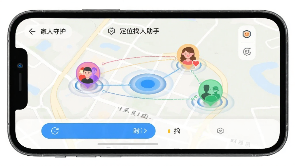 手机屏幕显示“定位找人助手”地图界面,三个不同颜色的头像标记分布在地图不同位置,顶部显示群组名称“家人守护”,底部有刷新按钮和成员列表,背景为浅色地图,风格现代简洁,细节包含动态波纹和连接线,画质清晰,干净无多余元素