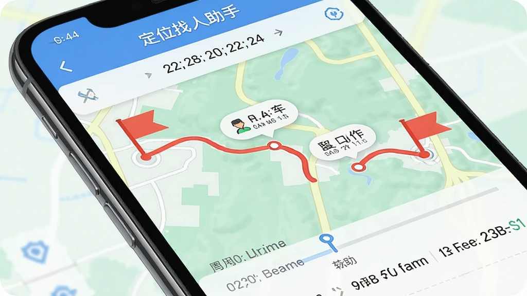 手机屏幕展示“定位找人助手”历史轨迹页面,一条红色路线在地图上蜿蜒展开,起点和终点有旗帜标记,中间有停留点气泡显示时间,界面顶部有日期选择器,风格为清新浅色地图,细节包含时间轴和距离统计,画质高清,干净无多余元素