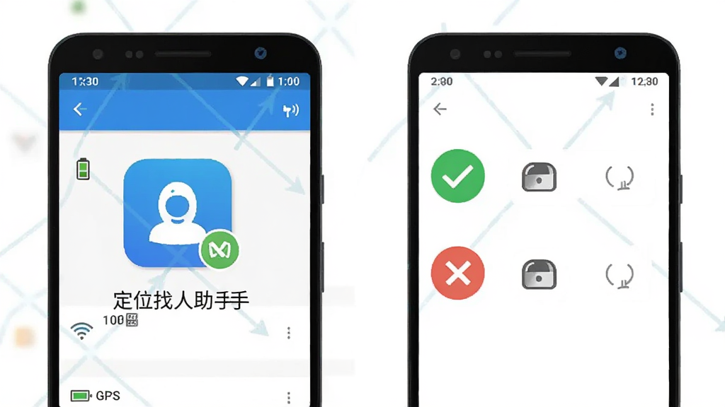 画面展示一部安卓手机设置界面与“定位找人助手”应用图标并列,旁边有对勾和叉号图标分别表示允许和禁止的权限项,布局为左右对比式信息图,风格为简洁教程插画,细节包含电池、GPS、网络等小图标,画质清晰,干净无多余元素