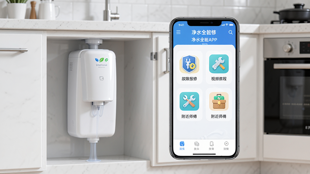 ��ˮȫ����APP������չʾ������������һ�������ֻ�����Ļ����ʾ��ˮȫ����������ҳ���������ϱ��ޡ���Ƶ�̡̳�����ʦ���ȹ������ͼ�꣬�����Ǹɾ��ĳ���������һ̨��ɫ��ˮ����װ�ڳ����·������岼�ּ�����������дʵ�ִ���ϸ�ڷḻ�����ʸ��壬�ɾ��޶���Ԫ��